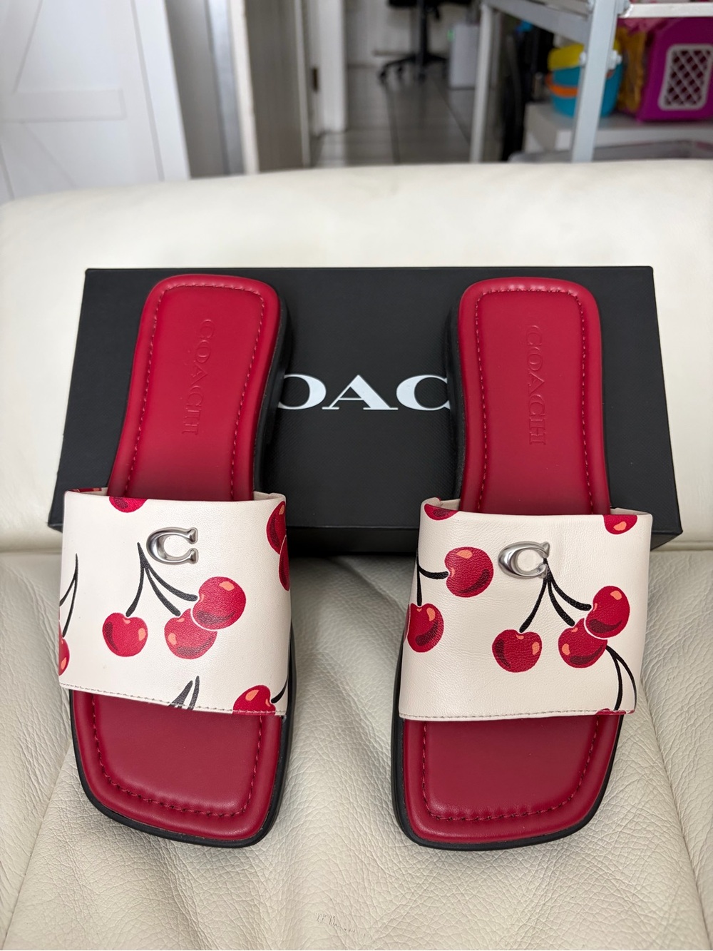 Coach Florence Cherry Print Slide Sandals in Chalk Multi